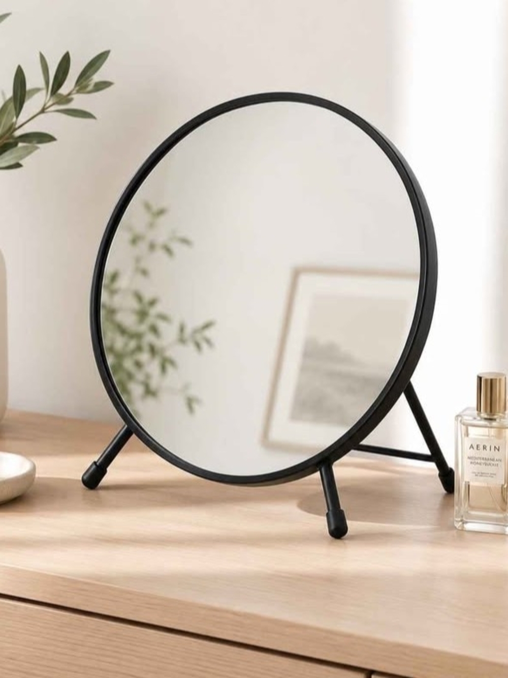 Round Tabletop Vanity Mirror Black Metal Stand 10" Modern Freestanding Decor